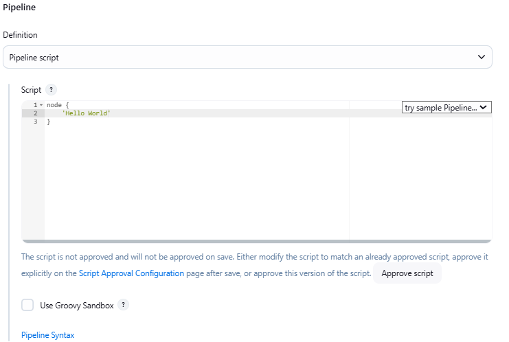 Creating a Scripted Pipeline and unchecking 'Use Groovy Sandbox'